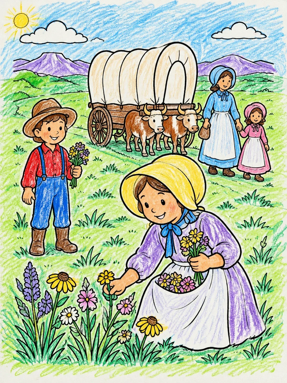 Colored example of the Pioneer Children Picking Prairie Wildflowers coloring page