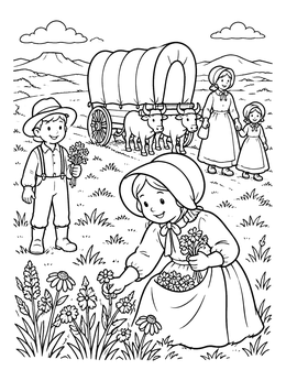 Free printable Pioneer Children Picking Prairie Wildflowers coloring page
