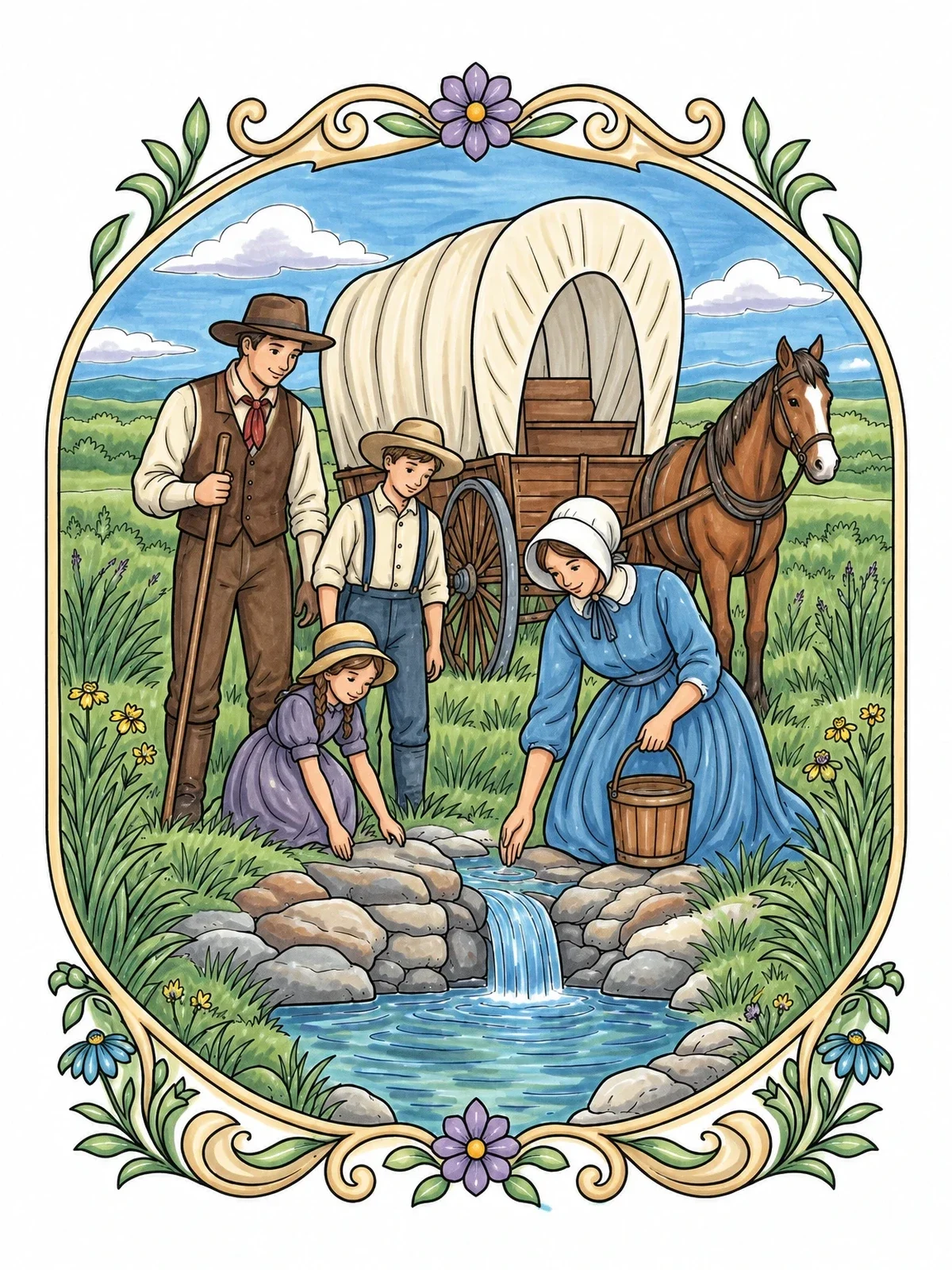 Colored example of the Pioneer Family At A Freshwater Spring coloring page