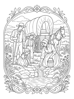 A pioneer family gathers water from a fresh spring in this Oregon Trail coloring page with a decorative floral frame.
