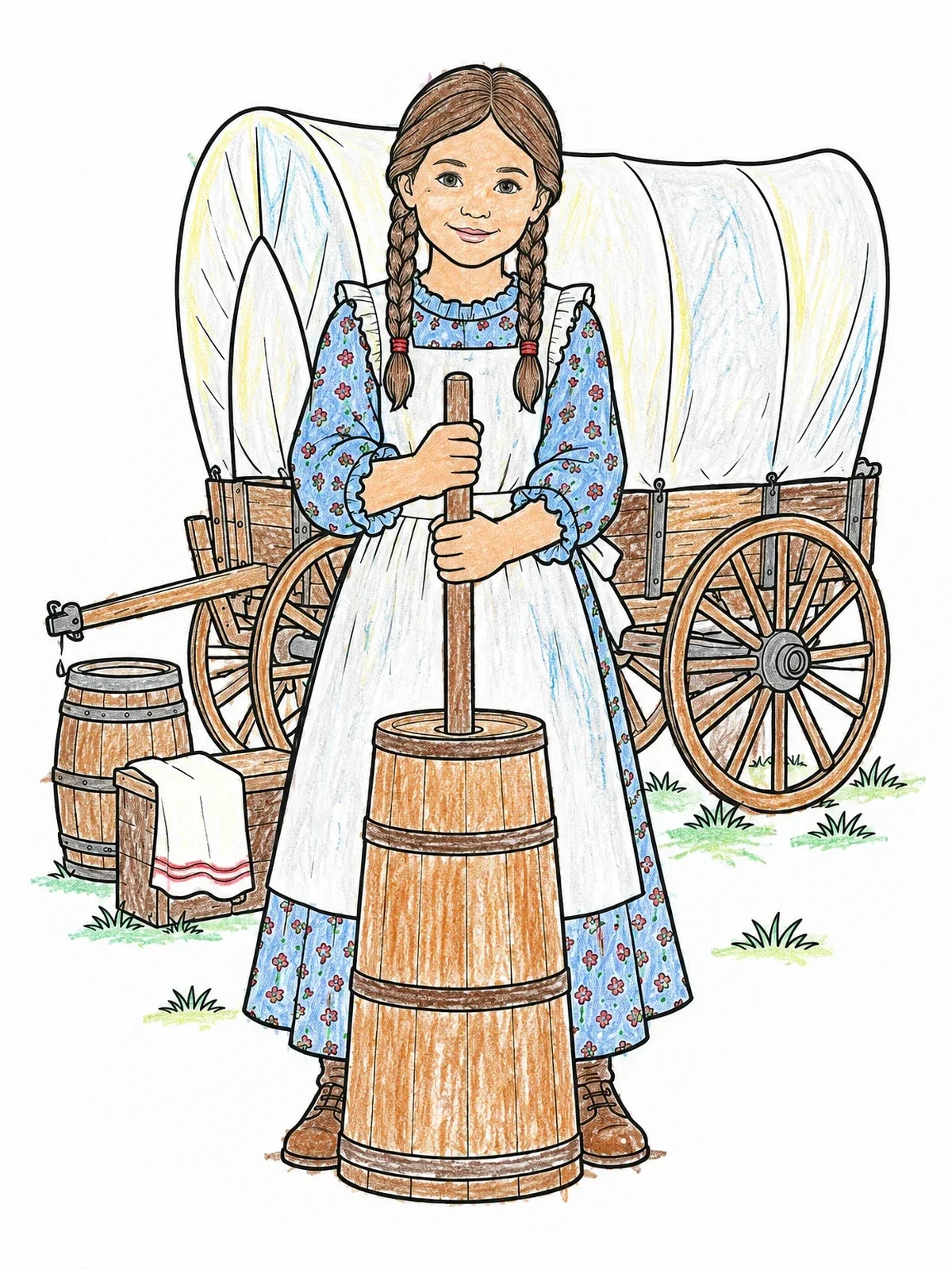 Colored example of the Pioneer Girl Churning Butter By Covered Wagon coloring page