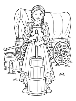 A young pioneer girl churns butter near a covered wagon on this detailed oregon trail coloring page.