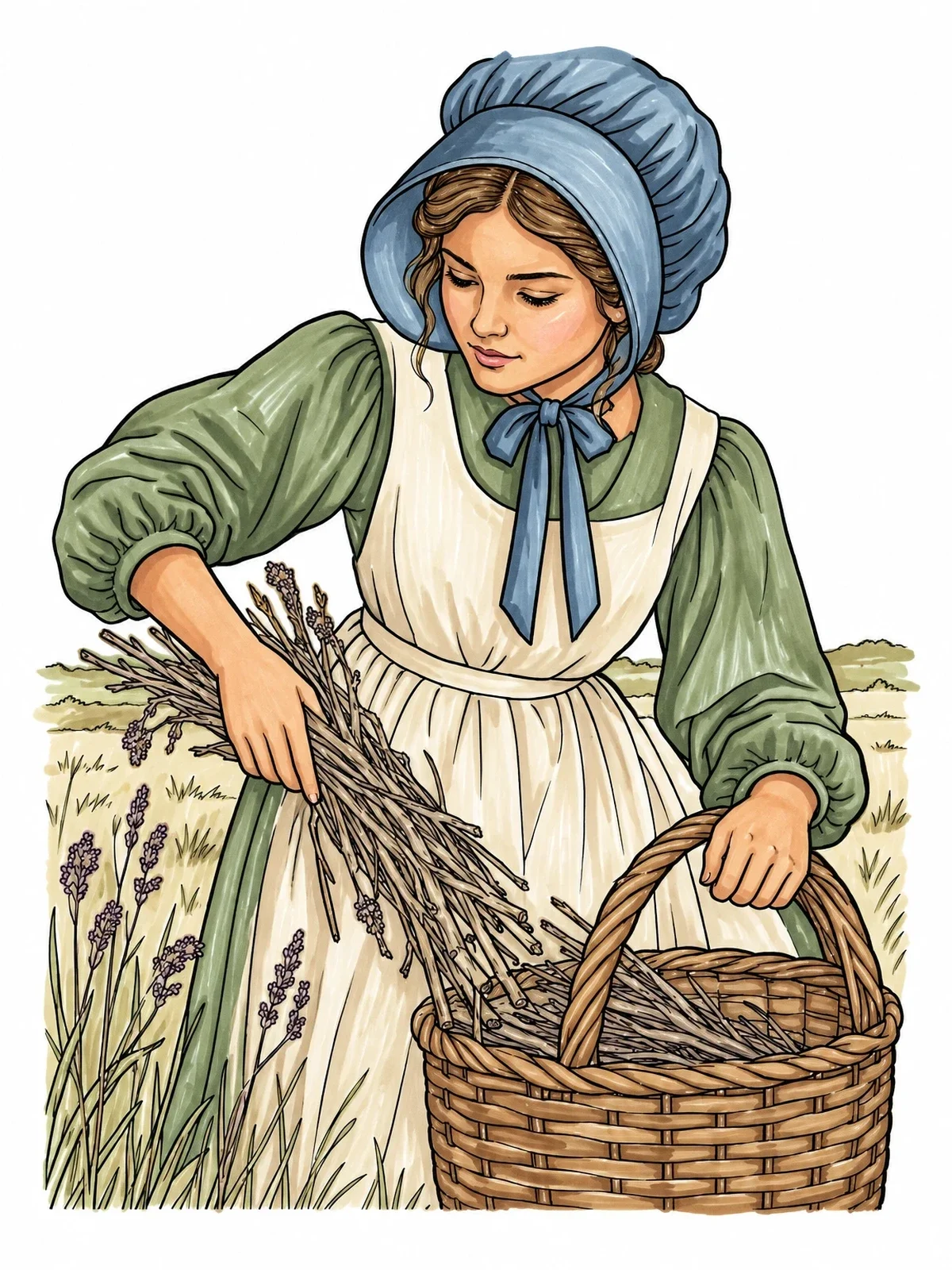 Colored example of the Pioneer Girl Gathering Prairie Fuel coloring page