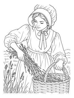 A young pioneer girl in this Oregon Trail coloring page collects dried sticks into a woven basket.