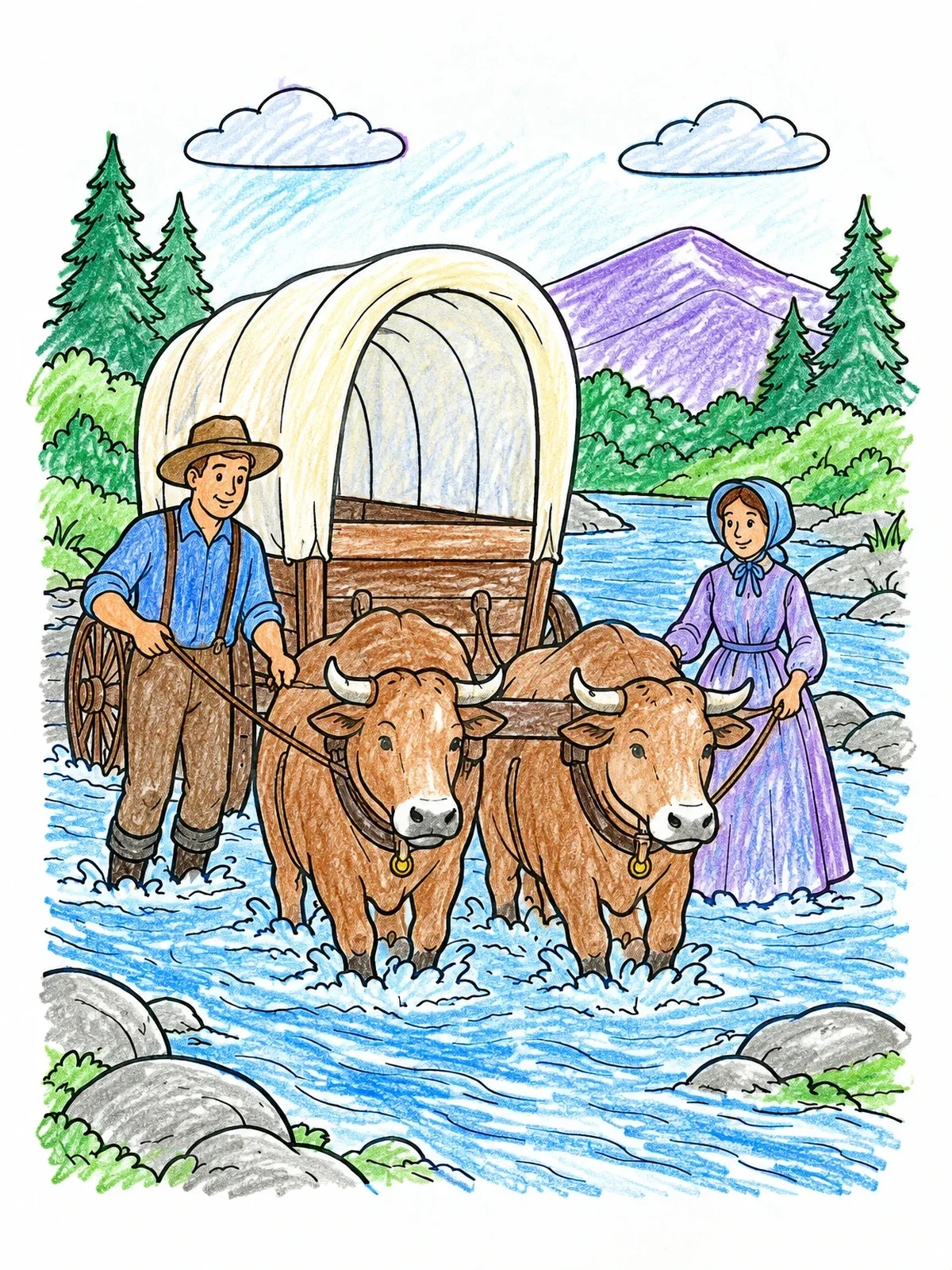 Colored example of the Pioneers Crossing River With Covered Wagon coloring page