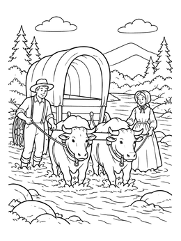 Free printable Pioneers Crossing River With Covered Wagon coloring page