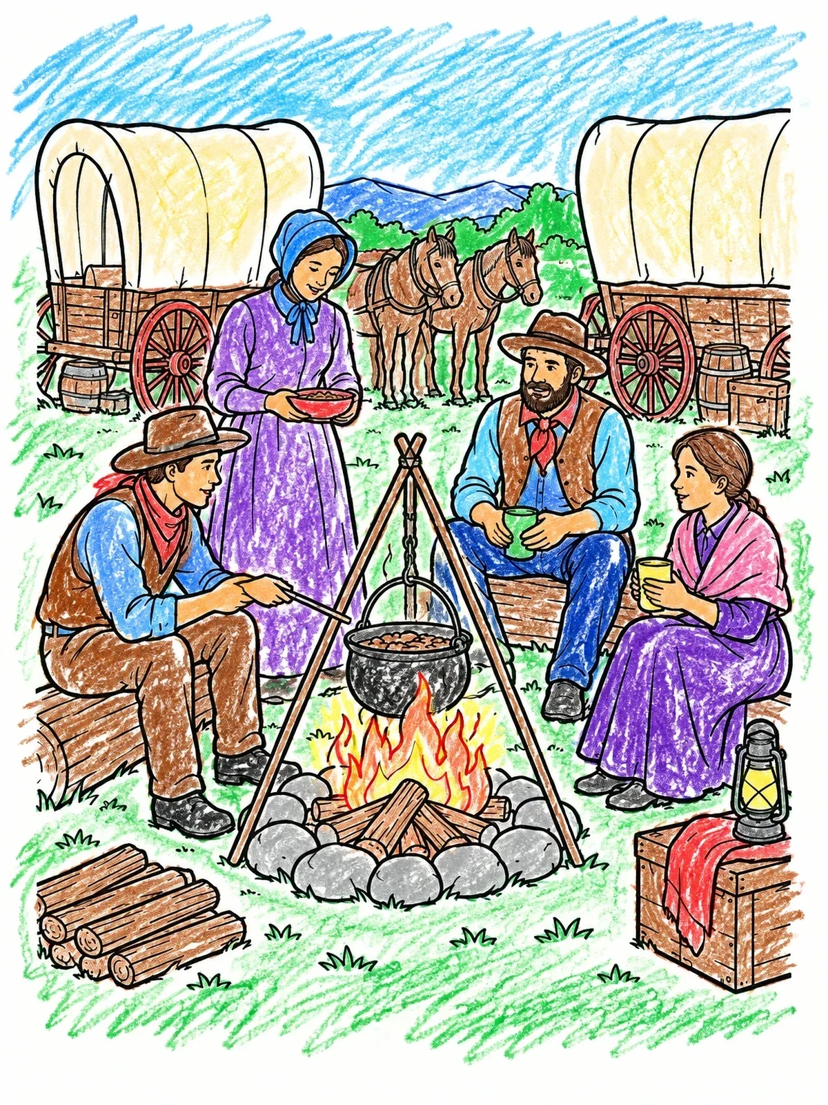 Colored example of the Pioneers Resting By The Campfire coloring page