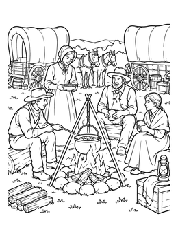 Free printable Pioneers Resting By The Campfire coloring page
