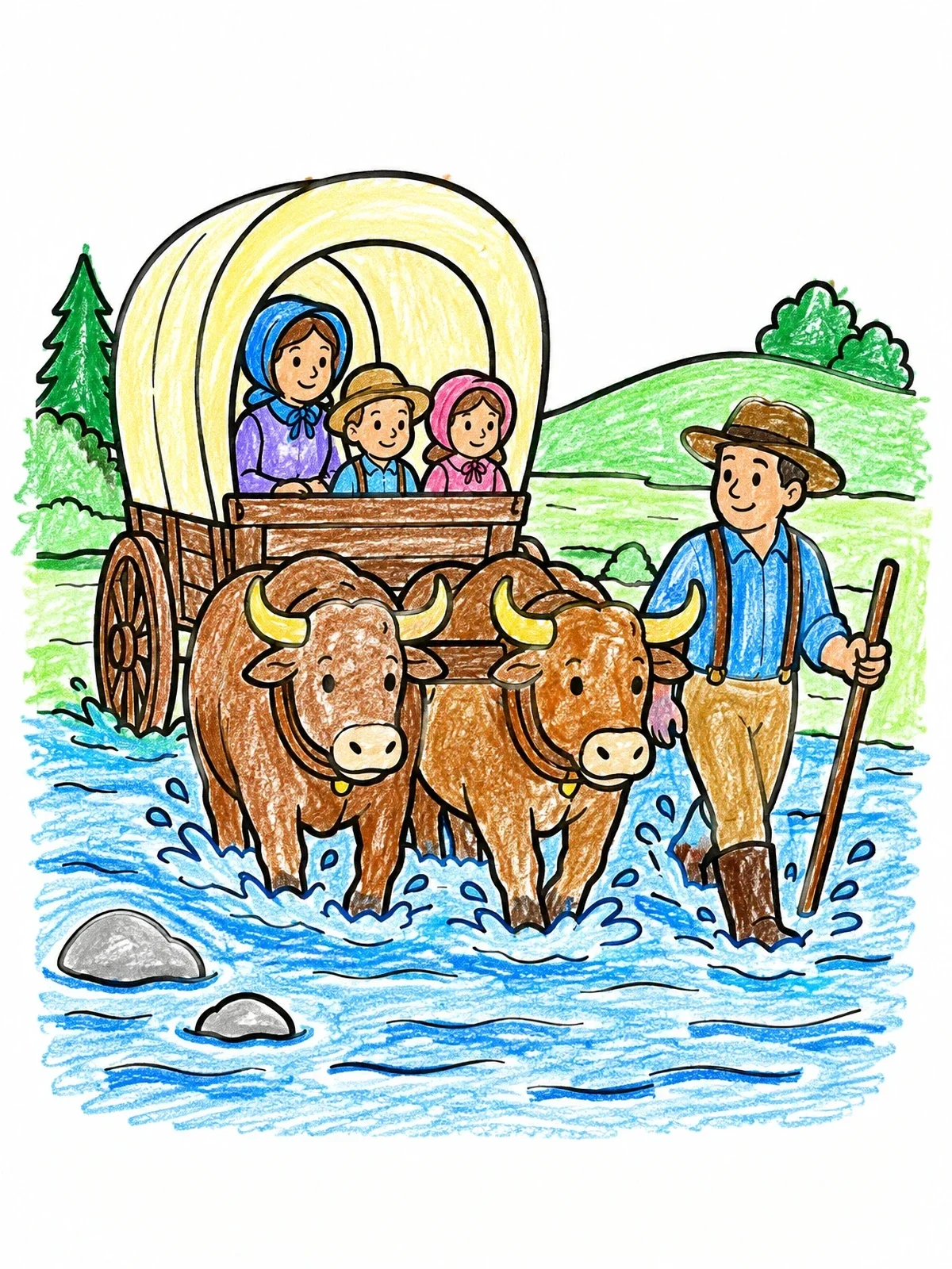 Colored example of the Pioneers Crossing A River By Wagon coloring page
