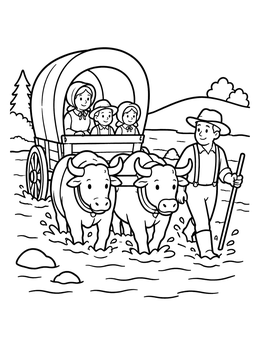 Free printable Pioneers Crossing A River By Wagon coloring page