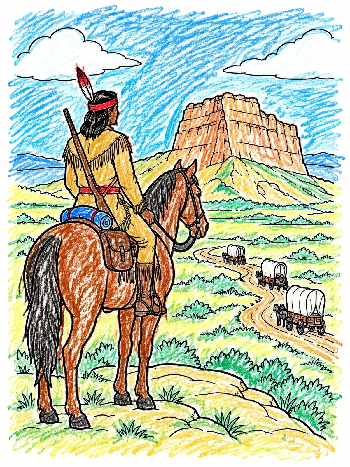 Colored example of the Rider Overlooking Covered Wagon Trail coloring page
