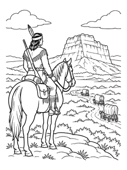 Free printable Rider Overlooking Covered Wagon Trail coloring page