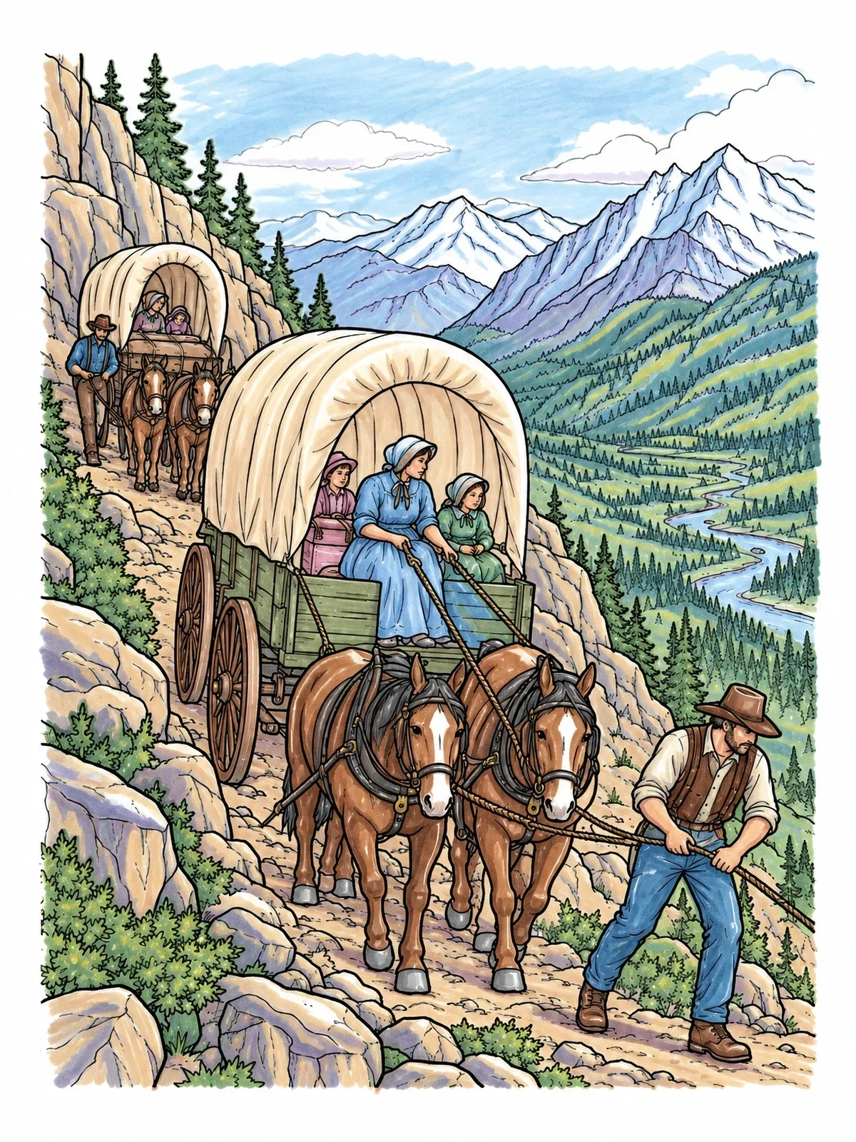 Colored example of the Covered Wagon Navigating Mountain Trail coloring page