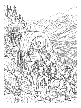 A pioneer family guides their covered wagon down a rocky pass in this oregon trail coloring page.