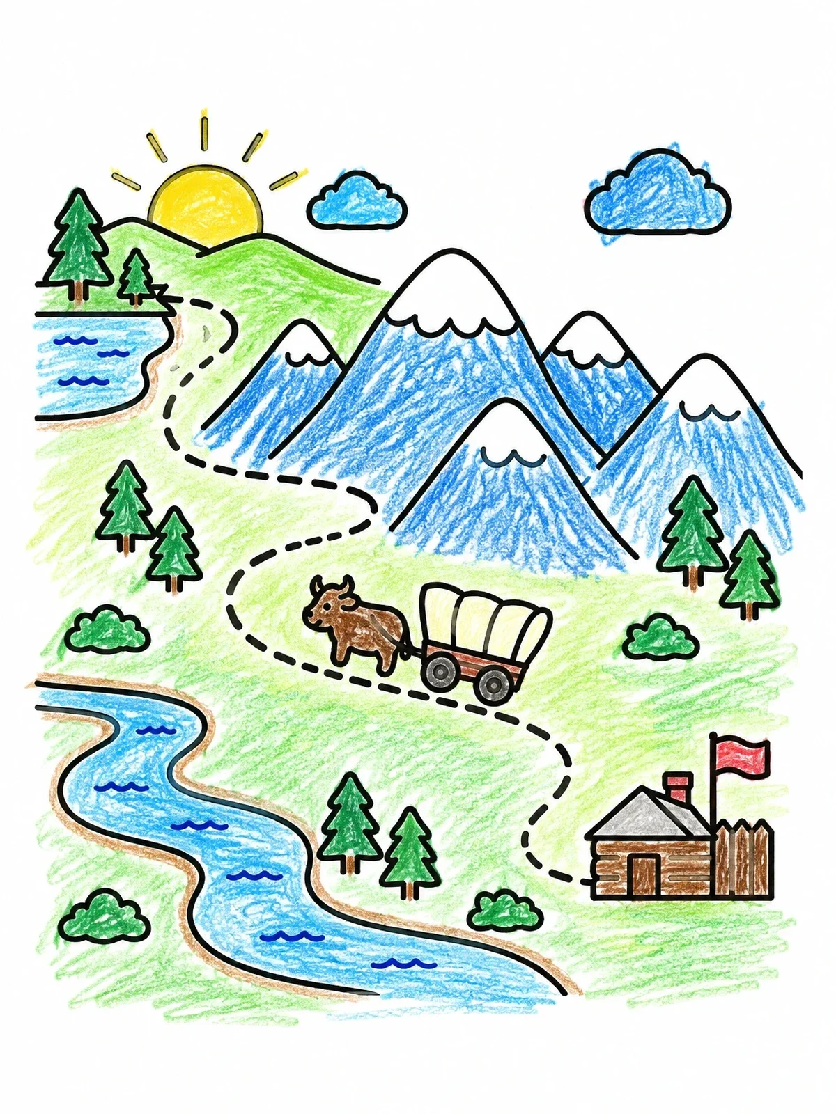 Colored example of the Covered Wagon Trail Through The Mountains coloring page