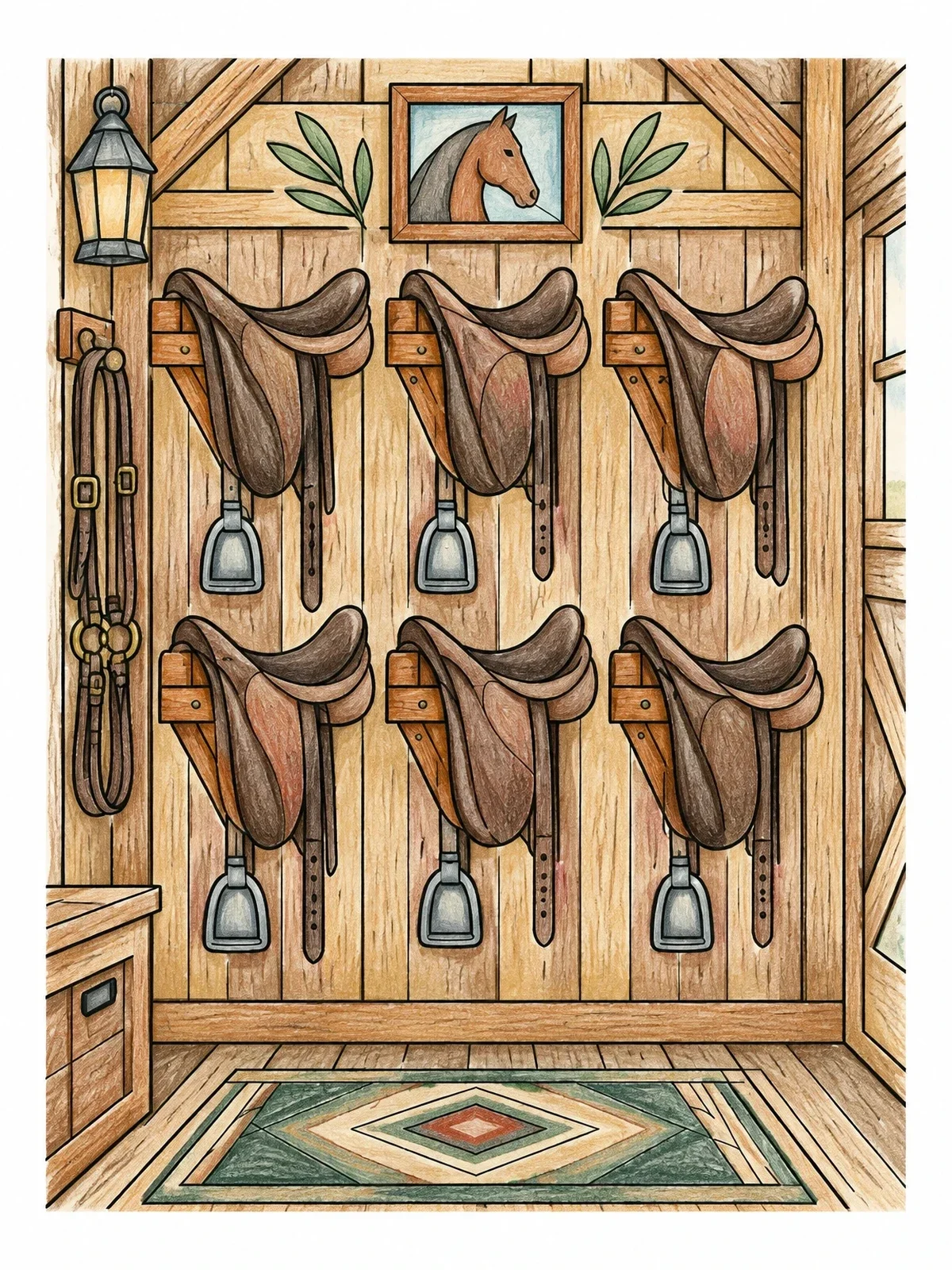 Colored example of the Organized Barn Tack Room Saddles coloring page