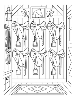 Row of equestrian gear on wooden racks in this detailed saddle coloring page.
