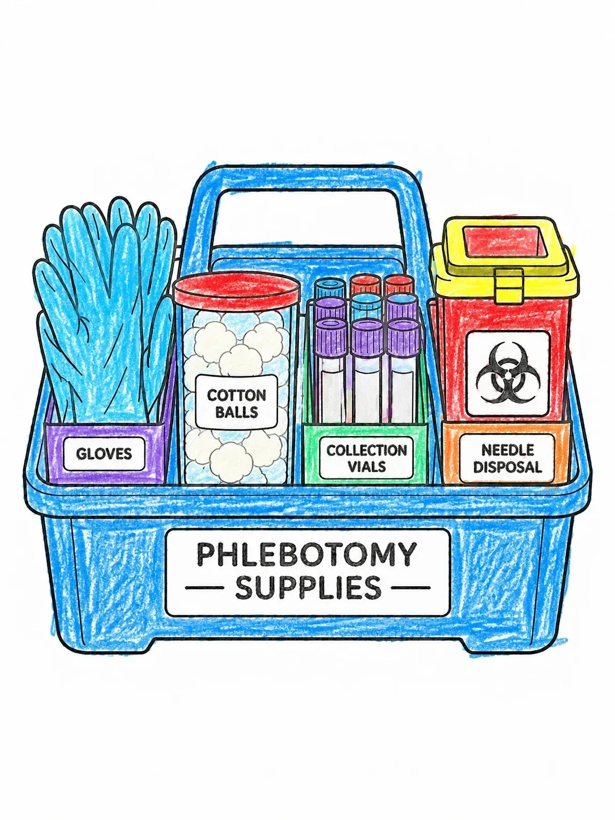Colored example of the Organized Phlebotomy Supplies Caddy coloring page