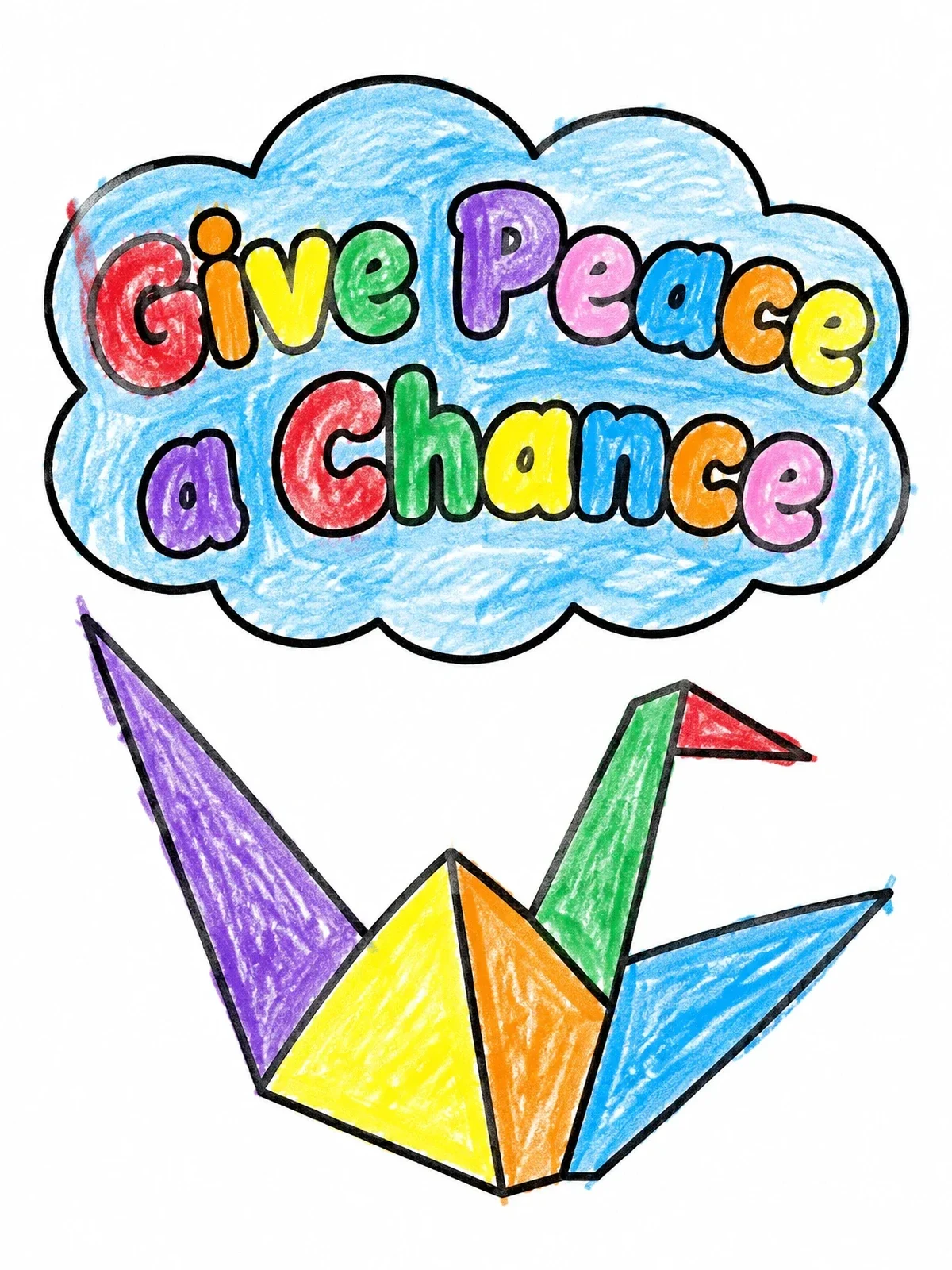 Colored example of the Origami Crane With Peace Slogan coloring page