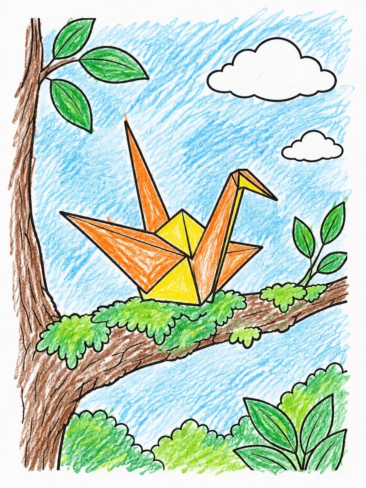 Colored example of the Origami Crane On Tree Branch coloring page