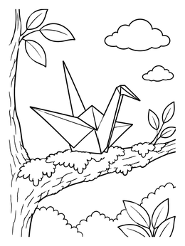 Free printable Origami Crane On Tree Branch coloring page