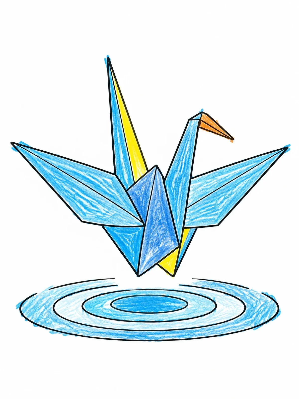 Colored example of the Origami Crane Above Water Ripples coloring page