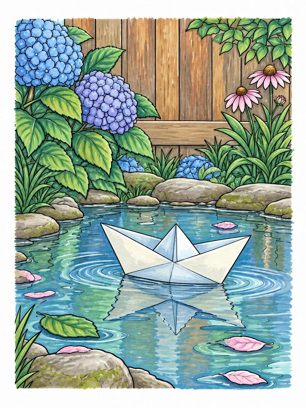 Colored example of the Origami Paper Boat In Garden Pond coloring page
