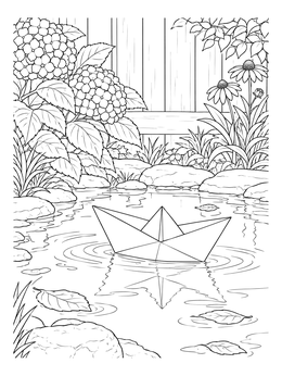 Free printable Origami Paper Boat In Garden Pond coloring page