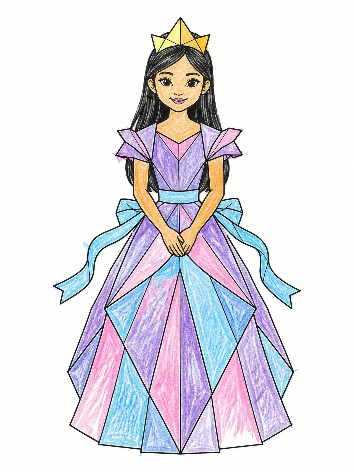 Colored example of the Origami Paper Princess In Gown coloring page
