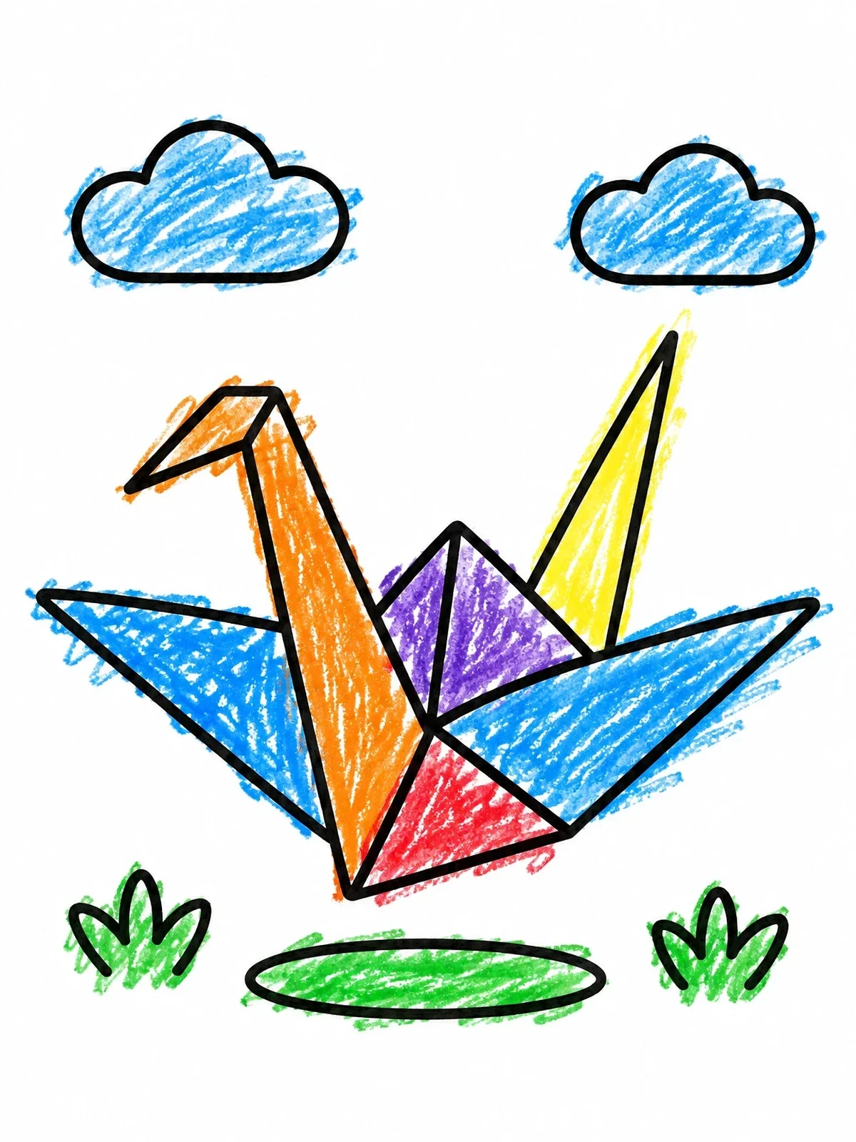 Colored example of the Simple Paper Crane With Clouds coloring page