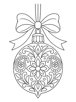 An ornate holiday ornament coloring page with paisley patterns and a large ribbon bow.