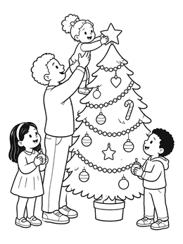 A cheerful family decorates a tree together in this ornament coloring page.