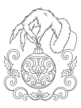 A furry clawed hand holds a decorative bauble in this ornament coloring page.