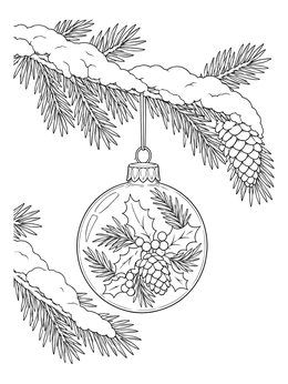 A detailed ornament coloring page featuring a glass bauble hanging from a snowy pine branch.