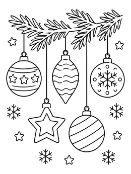 Free printable Hanging Holiday Baubles On Pine Branch coloring page