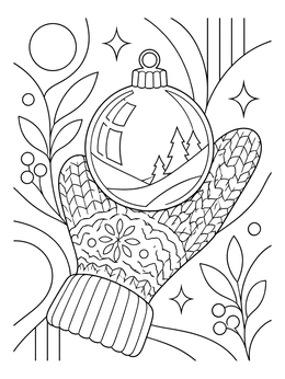 A cozy mitten holds a glass bauble in this festive ornament coloring page.