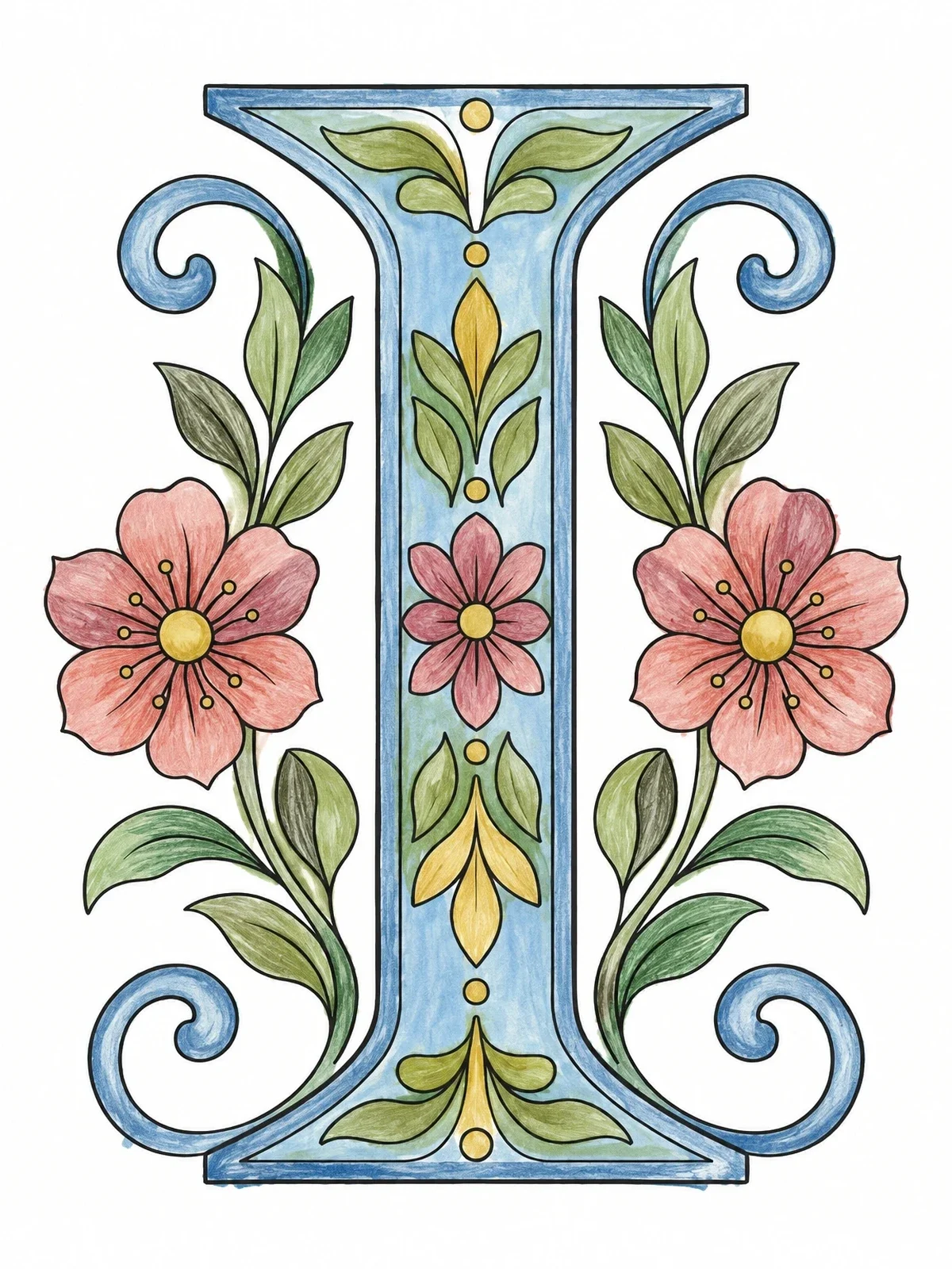 Colored example of the Ornamental Capital Letter I coloring page