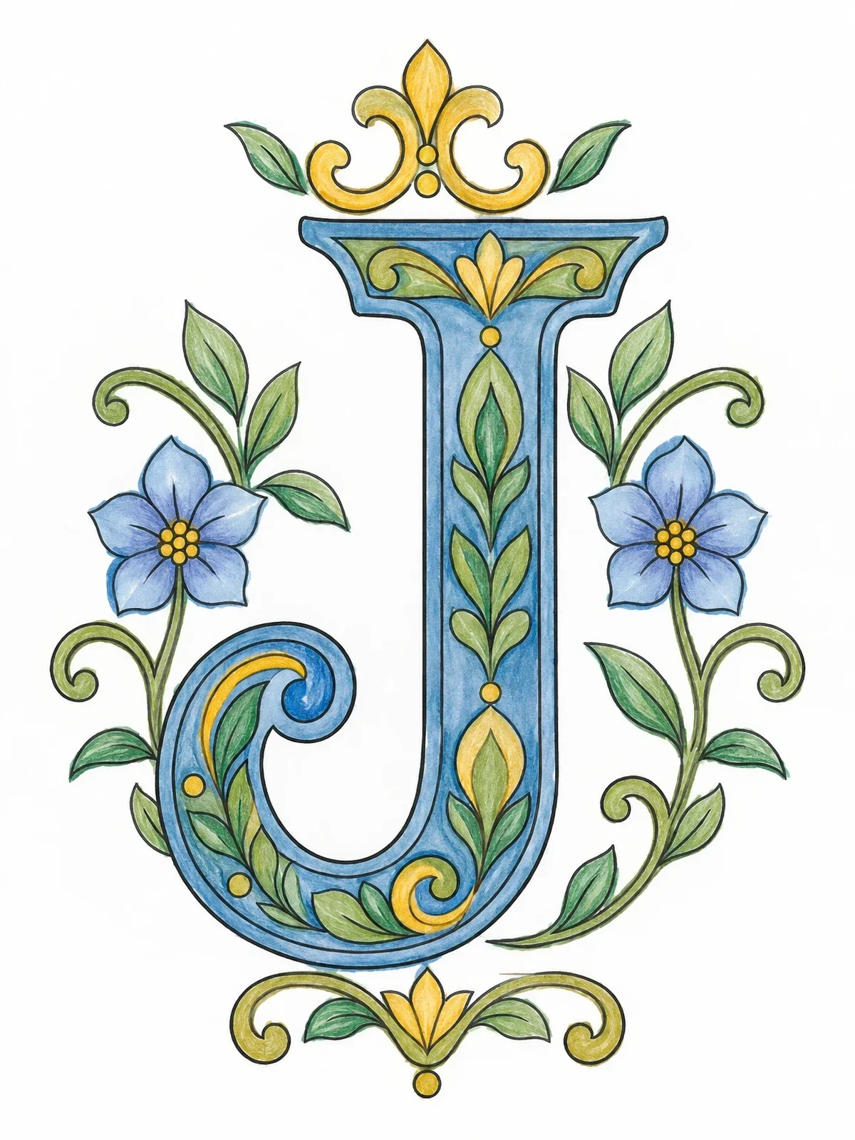 Colored example of the Ornamental Capital Letter J coloring page
