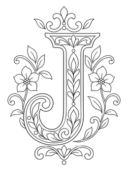 An ornate letter J coloring page surrounded by elegant flowers, leaves, and flourishes.