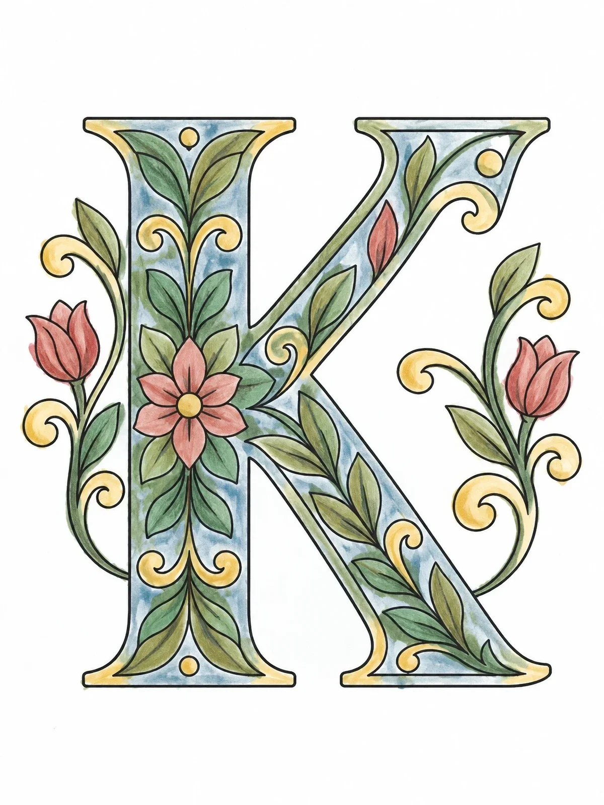 Colored example of the Ornamental Capital Letter K coloring page