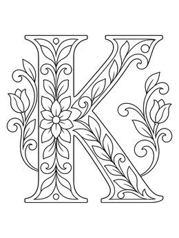 An ornate floral letter k coloring page with leaves and blossoms.