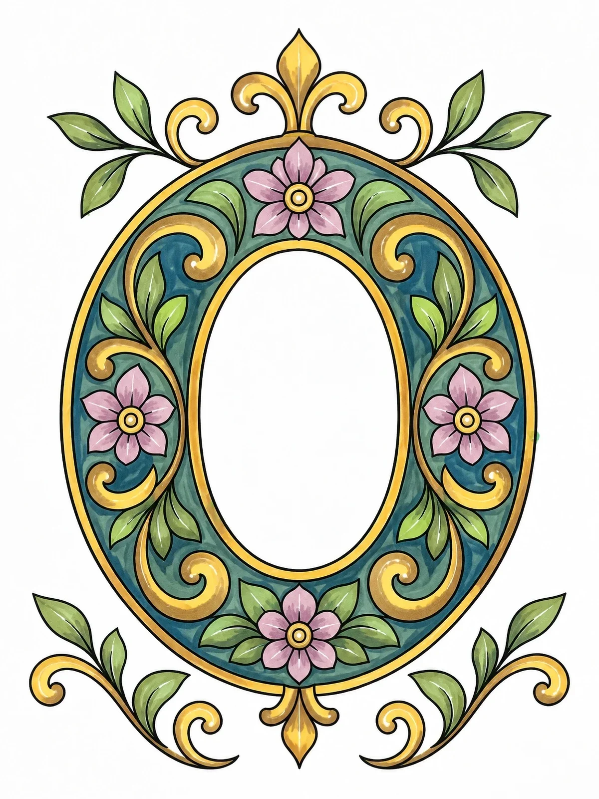 Colored example of the Ornamental Capital Letter O coloring page