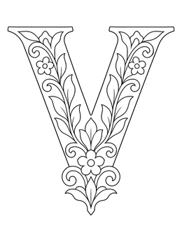A decorative letter V coloring page filled with floral patterns and leaves.