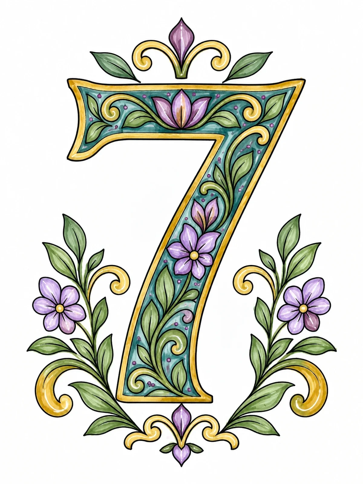 Colored example of the Ornamental Floral Number Seven coloring page