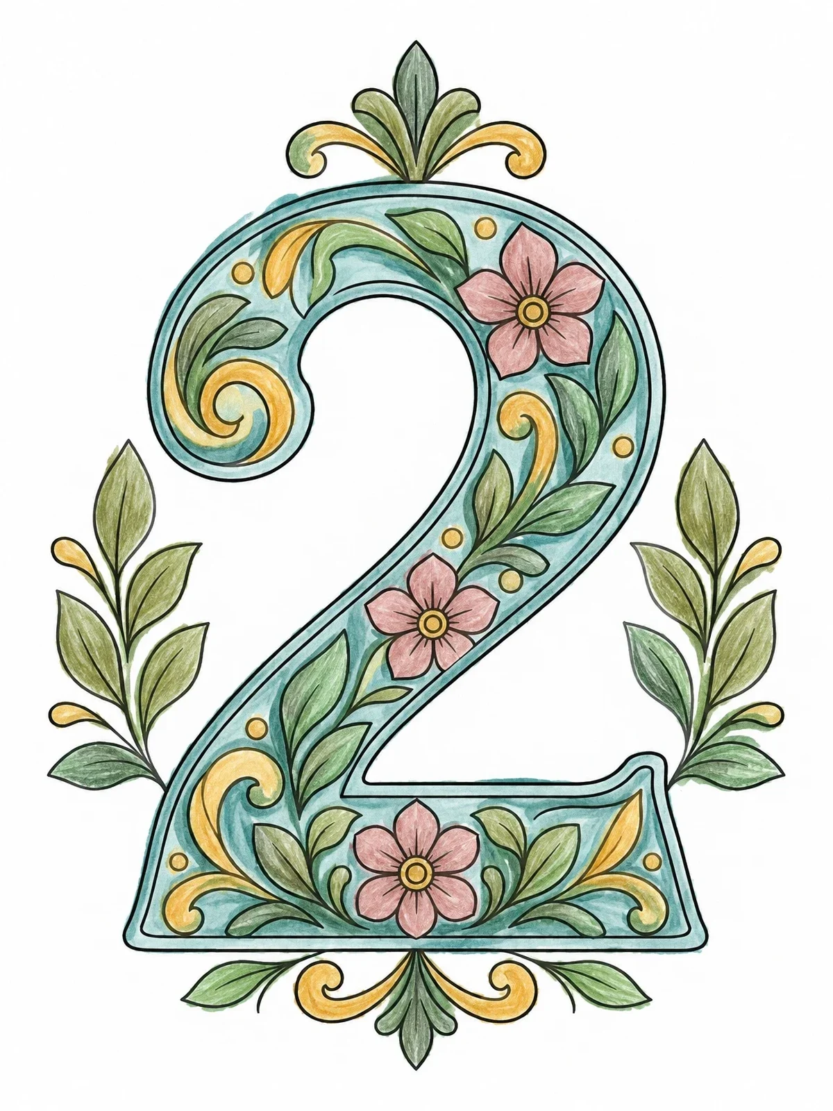 Colored example of the Ornamental Floral Number Two coloring page