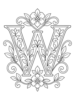 A decorative letter w coloring page adorned with intricate flowers, leaves, and vine scrolls.