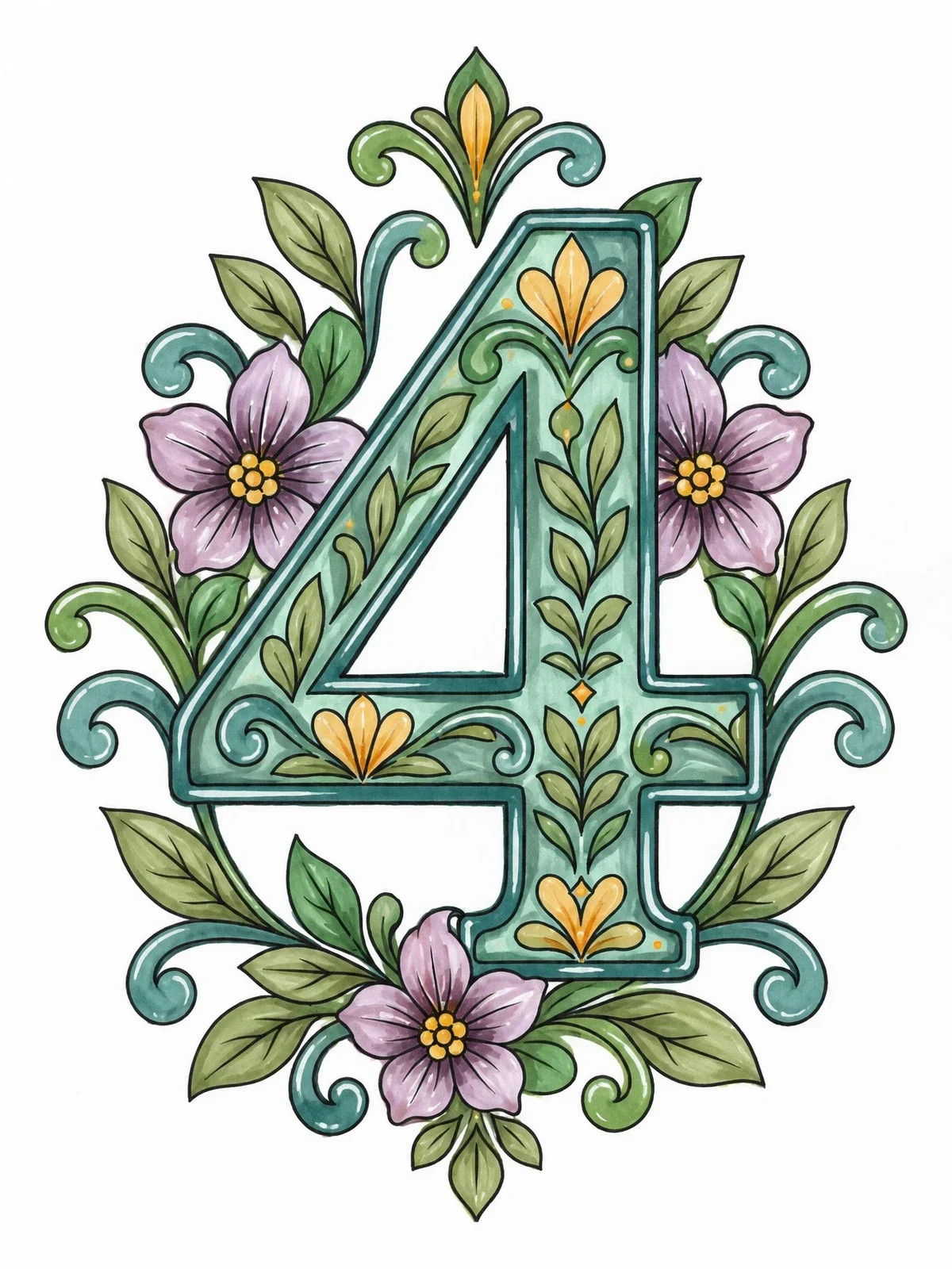 Colored example of the Ornamental Number 4 With Flowers coloring page