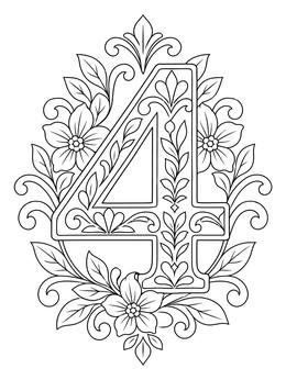 An ornate number 4 coloring page framed by blooming flowers and delicate leaves.
