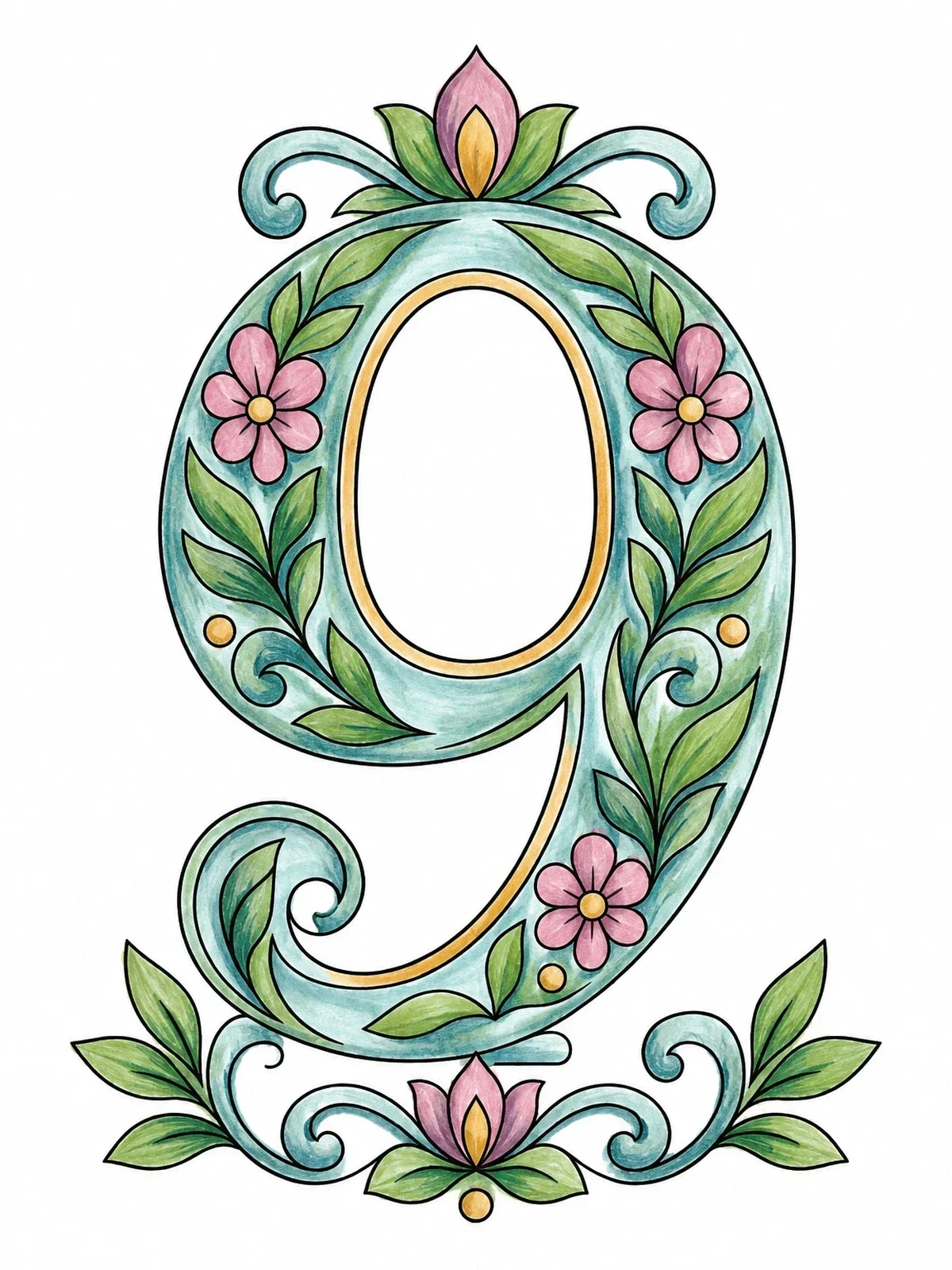 Colored example of the Ornamental Number Nine With Floral Patterns coloring page