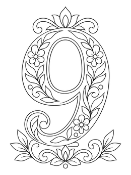 Free printable Ornamental Number Nine With Floral Patterns coloring page